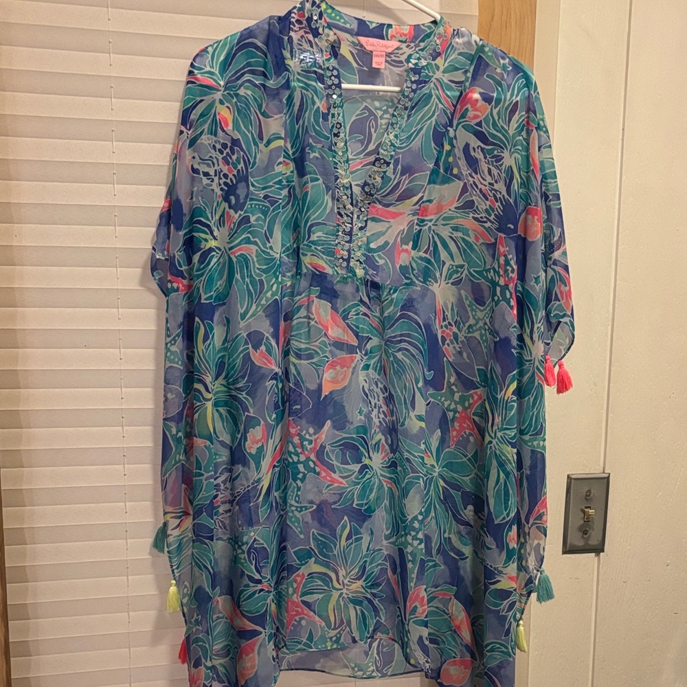 Lilly Pulitzer Blue and Green Floral Swim Coverup